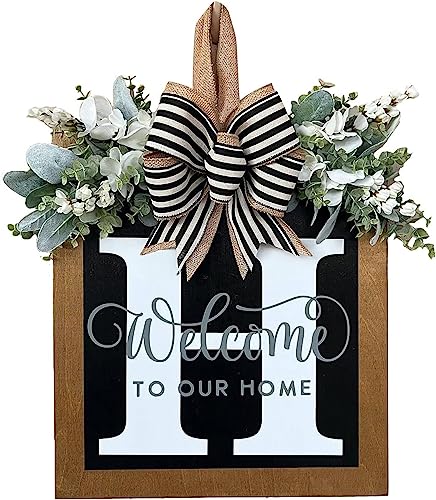 Last Name Year Round Front Door Wreath Front Porch Decoration 26 Letter Welcome Sign with Eucalyptus Garland and Bow Spring Wreaths for Front Door Outside Hanger Garland（H） - color: H
