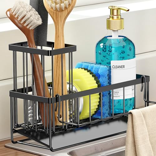 Sponge Holder for Kitchen Sink, Kitchen Sink Caddy, Kitchen Sink Sponge Holder, Dish Sponge Holder, Kitchen Sink Organizer for Sponge, Dish Brush, Scrubber(9.65" x 3.74" x 6.3", Black) - color: Black