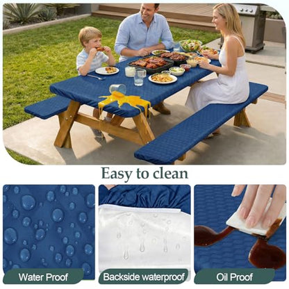 Picnic Table Cover with Bench Covers Camping Essentials Waterproof Windproof Camping Tablecloth with Drawstring Bag, Fitted Rectangle Tables and Seats, 96in, Deep Blue - color: Deep Blue, size: 96in