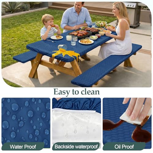 Play Tailor Picnic Table Cover with Bench Covers Camping Essentials Waterproof Windproof Camping Tablecloth with Drawstring Bag, Fitted Rectangle Tables and Seats, 72in, Deep Blue - color: Deep Blue, size: 72in