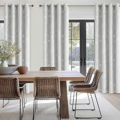 BUHUA Room Darkening Curtains 63 Inch Length, Window Treatments for Living Room Grommet Curtains with Silver Leaf Foil Design (52 x 63 Inch,Greyish White,Set of 2) - color: Silver Leaf /Greyish White, size: 52"W x 63"L (Pack of 2)