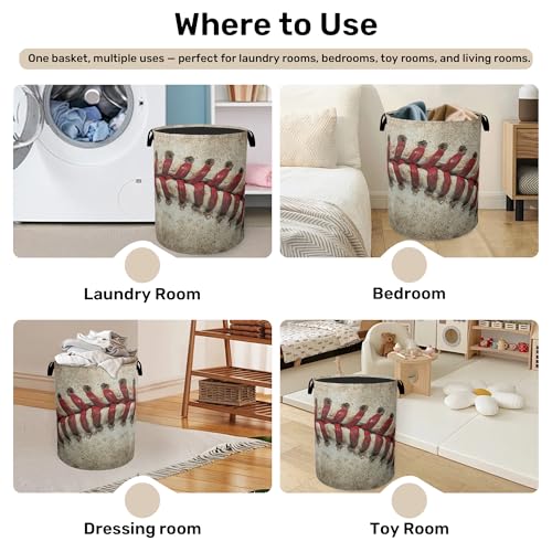 Baseball Laundry Basket with Handles - Extra Large Foldable Hamper for Bathroom/Laundry/Bedroom/Dorm, Washable Fabric Storage Bin - color: Retro Baseball