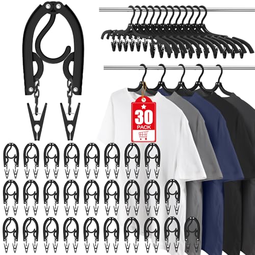 30 Pcs Travel Hangers Portable Foldable Hangers with 60 Clips Pitch Black | Plastic Cruise Essentials Clothes Drying Rack Folding Hangers for Camping Flying RV Europe Vacation Essentials Suitcase - color: Pitch Black, size: 30 Pack