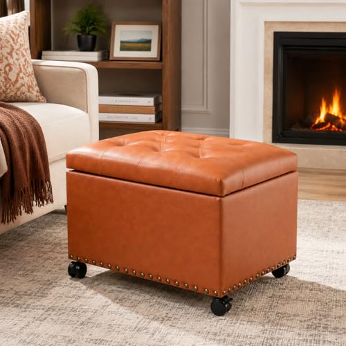 Joveco PU Leather Rolling Storage Ottoman, 24" Tufted Lid, Nailhead Trim & Hidden Storage,Elegant Footrest & Organizer on Caster Wheels for Living Room, Bedroom, Entryway(Orange Brown,Wheels) - color: Orange Brown,wheels