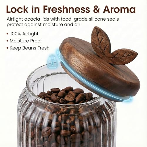 Coffee Bar Glass Canister Set of 2, Airtight Glass Storage Jars with Acacia Wood Lids, Spoons and Organizer Tray for Coffee Beans, Sugar, Tea and Kitchen Counter (2 x 34floz)