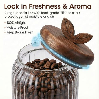 Coffee Bar Glass Canister Set of 2, Airtight Glass Storage Jars with Acacia Wood Lids, Spoons and Organizer Tray for Coffee Beans, Sugar, Tea and Kitchen Counter (2 x 34floz)