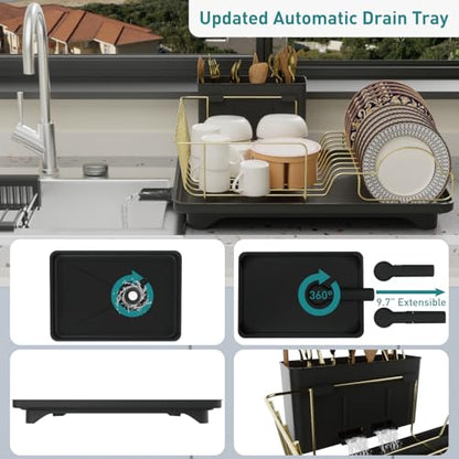 Buruis Dish Drying Rack for Kitchen Countertop, Large Capacity Gold Stainless Steel Dish Drainer with Anti-Slip Rubber Feet, Removable Drain Board and Utensil Holder (Black Tray) - color: Black Drainer