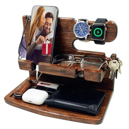 VEIYAILU Gifts for Men Boyfriend Dad Husband Him Wood Phone Docking Station Nightstand Organizer for Men (Walnut) - color: Walnut