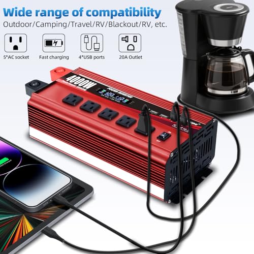 Cantonape 4000W Power Inverter 12V to 110V/120V DC to AC with LCD Display, Remote Controller 5 x AC Outlets and 4 x 3.1A USB Car Adapter for Car Truck Boat RV Solar System - size: 4000W-12V