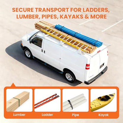Van Roof Ladder Rack Fit for 1996-2025 Chevy Express 1500/2500/3500 Vans, with Rear Roller, 850 lbs Heavy Duty, 3 Adjustable Crossbars (48"-67"), Rain Gutter Mounts, No Drill