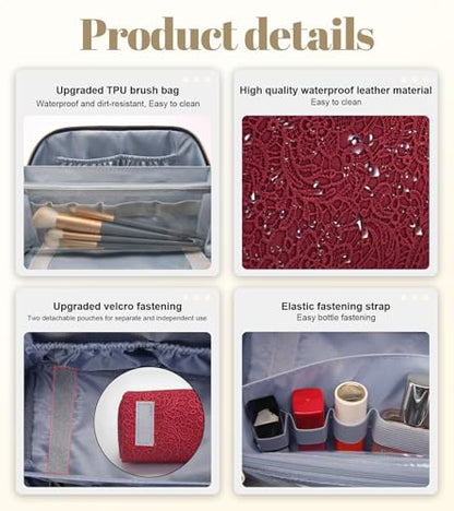BOYATU Travel Makeup Bags Cosmetic Organizer Bag: 3 Pcs Set Large Capacity Make up Bag with Compartments - Waterproof Leather Toiletry Bags with Handle for Women (A-Red) - color: A-Red