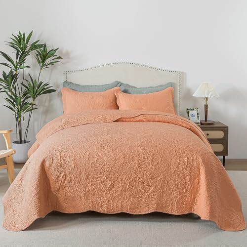 HoneiLife Quilt Set Queen Size - Microfiber Quilt Sets 3-Piece, Queen Quilt Bedding Set Lightweight Bedspreads Reversible Coverlets Retro Bed Cover Floral Bedding Set All Season Quilts - color: Light Orange, size: Queen/Full-90"x96"