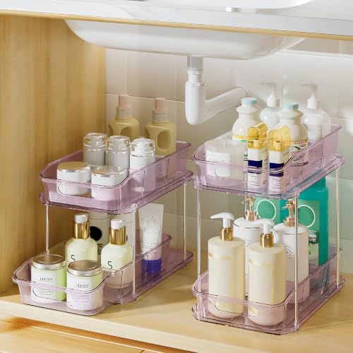 Delamu 2-Tier Under Sink Organizers and Storage, Multi-Purpose Stackable Bathroom Cabinet organizers, Pull Out Kitchen Pantry Organization and Storage with Dividers(2 Pack, Purple) - color: Purple, size: 2 Pack
