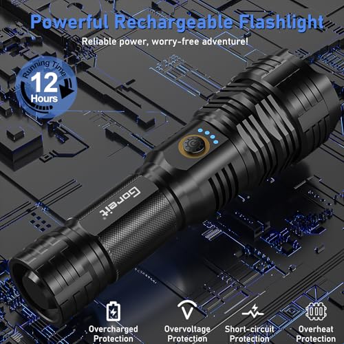 Flashlights LED High Lumens Rechargeable, Goreit 20,000 Lumens XHP70.2 Super Bright Flashlight, Flash Light Battery Powered, Powerful Handheld Flashlight with holster for Emergency Camping Hiking Gift