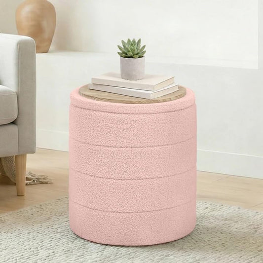 14.5" Round Storage Ottoman,Boucle Sherpa Ottoman with Tray, Faux Teddy Foot Rest Coffee Table for Bedroom Dorm Living Room,Pink - color: Pink, size: 14.5"D x 14.5"W x 17.7"H