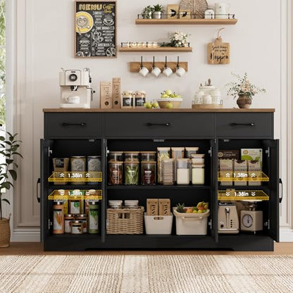 HOSTACK Buffet Sideboard Cabinet with Drawers, 55" Large Buffet Storage Cabinet with Shelves and Doors, Modern Farmhouse Coffee Bar Station for Kitchen, Dining Room, Black/Rustic Brown - color: Black/Rustic Brown