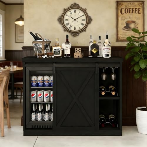 Coffee Bar Cabinet with Mini Fridge Space, 49.2'' Farmhouse Kitchen Buffet Hutch with Power Outlet, Fridge Cabinet with Sliding Barn Door, Wine Rack, Glass Holder for Kitchen Dining Room (Black) - color: Black, size: 24" D x 49" W x 42" H