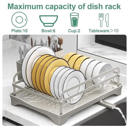 Dish Drying Rack,Dish Racks for Kitchen Counter,Metal Dish Drainer with Adjustable Drainage Spout,Removable Knife and Fork Holder (Grey) - color: 1 Tier - Grey
