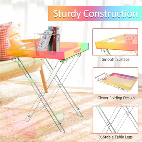 Acrylic Folding Tray Table, Rainbow Color Acrylic Coffee Table, Iridescent Side Table Modern Accent Square End Table for Coffee, Drink, Food, Snack for Living Room & Bedroom