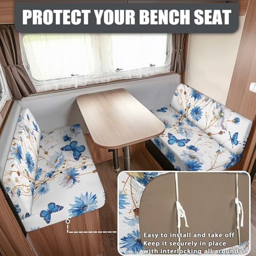 RV Dinette Cushion Covers Blue Butterfly Flowers Stretch Sofa Slipcover Non Slip Camper Furniture Protector Replacement Car Bench Cover - color: Blue Butterfly Flowers