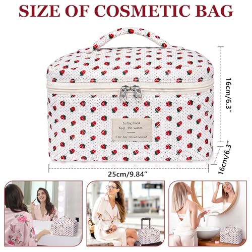 Gosect Large Makeup Bag, Cute Cosmetic Bag for Women Girls, Floral Coquette Aesthetic Toiletry Bag, Travel Make Up Organizer Bag (Strawberry) - color: 038Strawberry