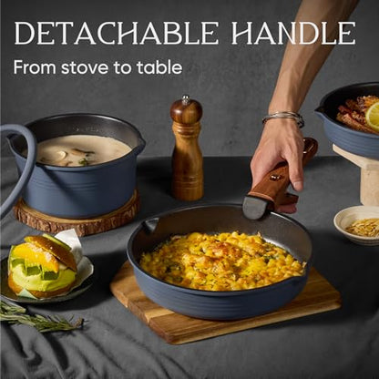 CAROTE 30-Piece Titanium Cookware Set, Nonstick Pots and Pans Set with Detachable Handle, RV Kitchen Cooking Set, Camping Use, Induction Compatible, Dishwasher & Oven Safe - color: Blue