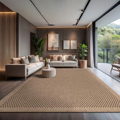 CAMILSON Easy Jute Rug 10x14, Indoor Outdoor Natural Color Fiber Area Rugs for Living Room Patio and Kitchen Rug, Sisal Boho Woven Design, Easy-Cleaning, Washable Outside Carpet Alfombras (10 x 14) - color: Checkered/Natural, size: 10' x 14' (Rectangular)