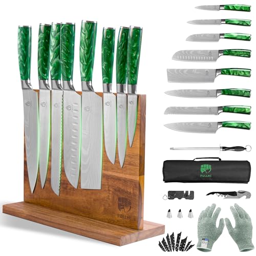 FULLHI 15pcs Japanese Knife Set with Magnetic Knife Block Holder, Japan Stainless Steel Blades, Green Resin Ergonomic Handles for Professional and Home Cooking - color: Green, size: Magnetic Block Knife set