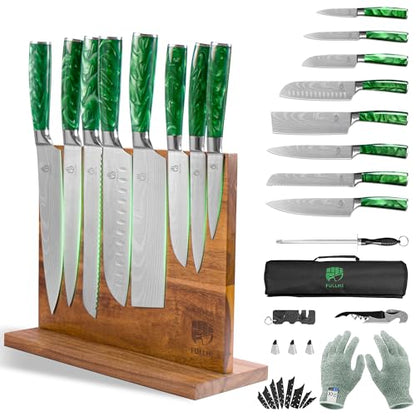FULLHI 15pcs Japanese Knife Set with Magnetic Knife Block Holder, Japan Stainless Steel Blades, Green Resin Ergonomic Handles for Professional and Home Cooking - color: Green, size: Magnetic Block Knife set