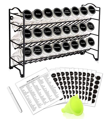 SWOMMOLY Spice Rack Organizer with 24 Empty Glass Spice Jars, 396 Spice Labels with Chalk Marker and Funnel Complete Set, for Countertop, Cabinet or Wall Mount, Black - size: 3 Tier