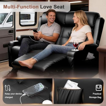 Reclining Loveseat, 55.1" RV PU Leather Wall Hugger Recliner Love Seats Sofa with Charging Station, Removable Armrest, Cup Holder, Double Recliners Couch, Manual Love Seat for Living Room - color: Midnight Black, size: Hera - Loveseat