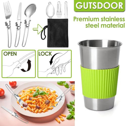 Gutsdoor Camping Cookware Set Camping Gear Campfire Utensils Non-Stick Cooking Equipment Lightweight Stackable Pot Pan Bowls with Storage Bag for Outdoor Hiking - style: 12pcs (Green)