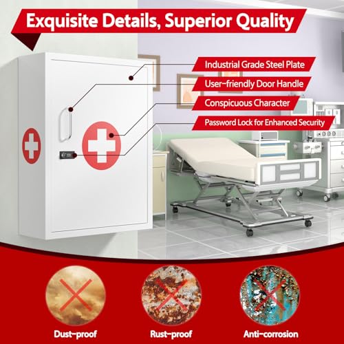 Wall-Mount Locking Medicine Cabinet: Large Metal Storage Organizer Box with Combination & Key Lock - Secure First Aid Medicine Cabinet for Bathroom Home Office(20.6" H x 15.75" W x 5.98" D) - color: Glossy White