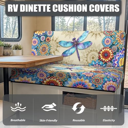 Boho Mandala Dragonfly Pattern RV Dinette Cushion Covers Stretch Sofa Seat Slipcovers Replacement Camper Cushions Cover for RV Camper 2Pcs Backrest & Bench Cover, 2 Sets - color: Boho Mandala Dragonfly