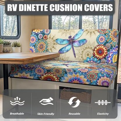 Boho Mandala Dragonfly Pattern RV Dinette Cushion Covers Stretch Sofa Seat Slipcovers Replacement Camper Cushions Cover for RV Camper 2Pcs Backrest & Bench Cover, 2 Sets - color: Boho Mandala Dragonfly