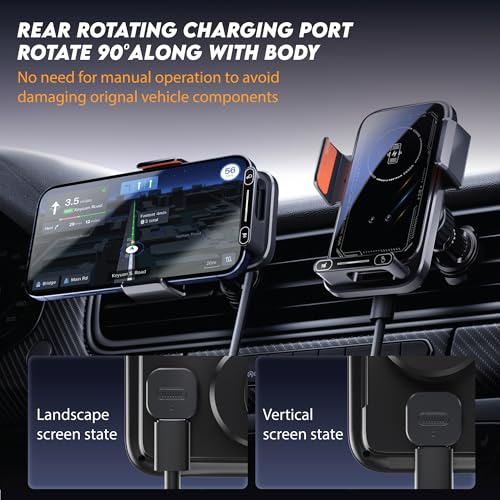 Wireless Car Charger Phone Holder, 15W Auto Clamping Car Phone Mount Charger with Gesture Control, 90 Degree Auto Rotation, Dual Vent and Dashboard Mount for iPhone and Android