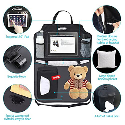 Oasser Seat Back Protector Kick Mats Backseat Car Organizers | 2 Pack, 1 Tissue Box, 12.9" Touch Screen Tablet Holder, Large Back of Seat Protector and Storage for Kids, 8 Pockets, Black
