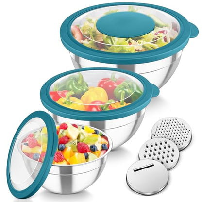 TeamFar Mixing Bowls, 3PCS Stainless Steel Serving Salad Bowls with Lids & 3 Graters, For Kitchen Mixing/Baking/Storing/Prepping, Visible & Airtight, Easy Clean - 4.5/3 / 1.5 QT, Dark Blue - color: Dark Blue, style: Transparent Airtight Lids