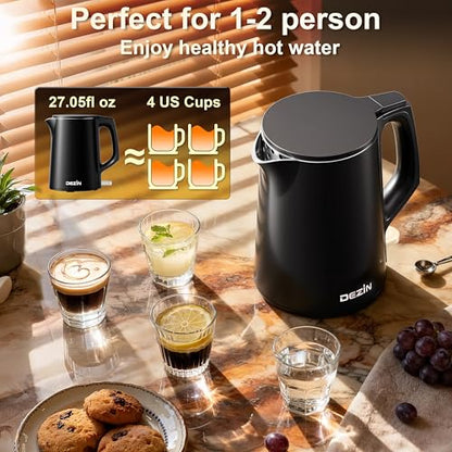 Dezin 0.8L Electric Kettle, Small Electric Kettle with Double Wall Construction, 304 Stainless Steel Electric Tea Kettle for Business Trip, Portable Travel Kettle with Auto Shut-Off
