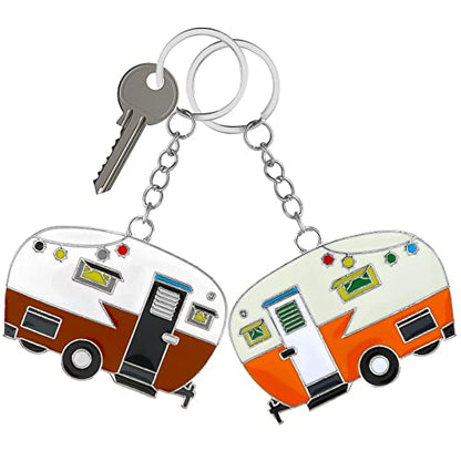 Thinp 2 Pieces Camper Keychain, RV Camper Keyring Accessories for Travel Trailers Enameled Metal Retro Camping Car Keychain - color: Yellow+brown