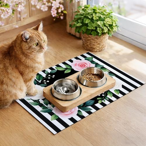 HOMETITUTE Pet Feeding Mat Black White Stripe Pattern 20" x 12", Welcome Sign Flower Design Non Slip Dog Cat Food Mat, Easy Clean Fast Dry Absorbable Pet Bowl Mat for Food and Water - color: colorful9