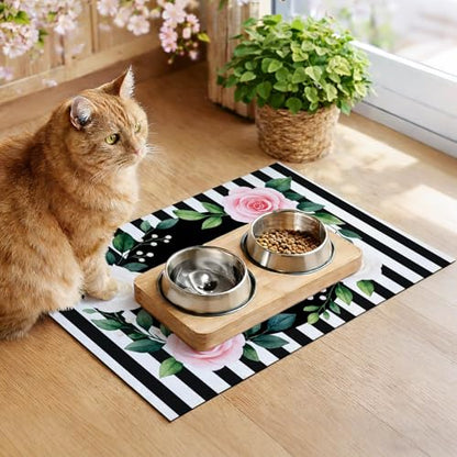 HOMETITUTE Pet Feeding Mat Black White Stripe Pattern 20" x 12", Welcome Sign Flower Design Non Slip Dog Cat Food Mat, Easy Clean Fast Dry Absorbable Pet Bowl Mat for Food and Water - color: colorful9
