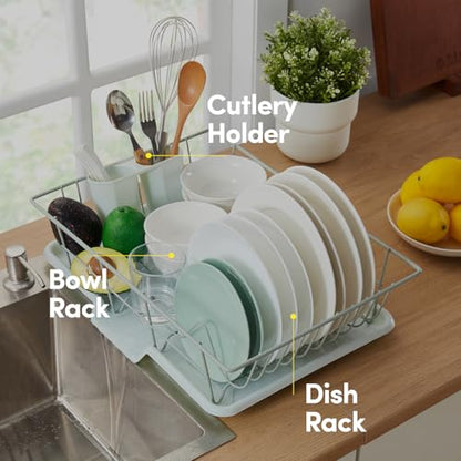 Sweet Home Collection Space-Saving 3-Piece Dish Drainer Rack Set: Efficient Kitchen Organizer for Quick Drying and Storage - Includes Cutlery Holder and Drainboard - Maximize Countertop Space, Mint - color: Mint