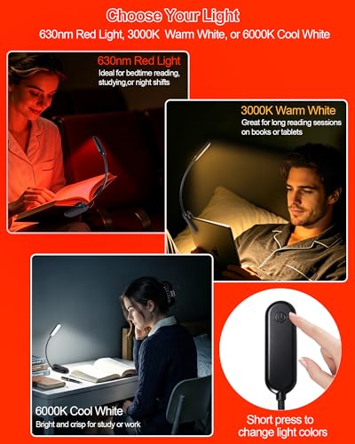 630nm Red Book Light for Reading at Night [1 Pack] - Zero Blue Light, Dimmable Reading Lights for Books in Bed, LED Book Lamp Clip on, Gift for Students Parents Nurse Studying Travel - size: Black-1 Pack