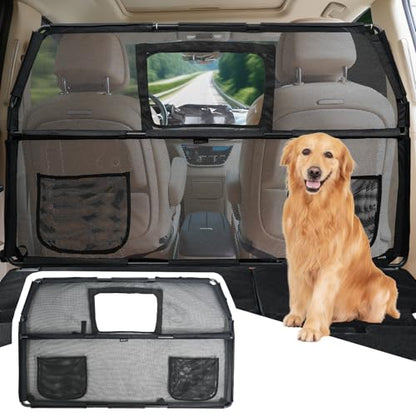 52" Dog Car Barrier for SUV, Wide Escape-Proof & Chew-Proof Dog Car Divider with Removable Visual Window & 2 Storage Pockets, Pet Net Gate for Behind Front Seats, Fits Sedans Cars Trucks