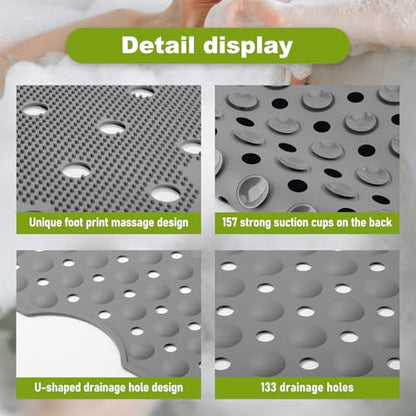 Silicone Bath Tub Mat Non Slip, 36"x16" Shower Foot Scrubber Mat with Drain Holes and Suction Cups, Upgraded Bathtub and Shower Mats, Machine Washable Bathtub Floor Liner Mats for Bathroom (Gray) - color: Gray
