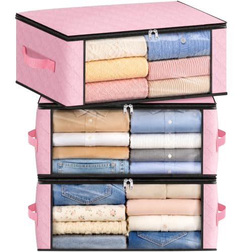 Fab totes 35L Closet Organizers and Storage, Foldable Under Bed Storage Containers, Storage bags for Organizing Bedroom, Closet, Clothing,Organization with Handle (3 Pack,Pink) - color: Pink, size: 3 Pack-35l