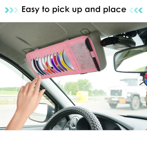 Car CD Case Holder, DVD Vehicle Visor Storage Orangizer Vehicle Sun Visor Organizer Large Capacity CD Case With 12 DVD Storage Sleeves, Mesh Pocket, Pen Holder And Elastic Strap, Pink Canvas Material