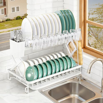 2-Tier Dish Racks for Kitchen Counter, Large Dish Drainers for Kitchens Counter Stainless Steel Kitchen Dishes Drying Rack, Space Saving Dishes Strainer for Bowl, Plate, Cup - Modern Counter Organizer