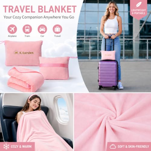 K.Garden Travel Throw Blanket Pillow, Pink | 2 in 1, Soft, Compact, Luggage Backpack Strap, Airplane Flight Essentials